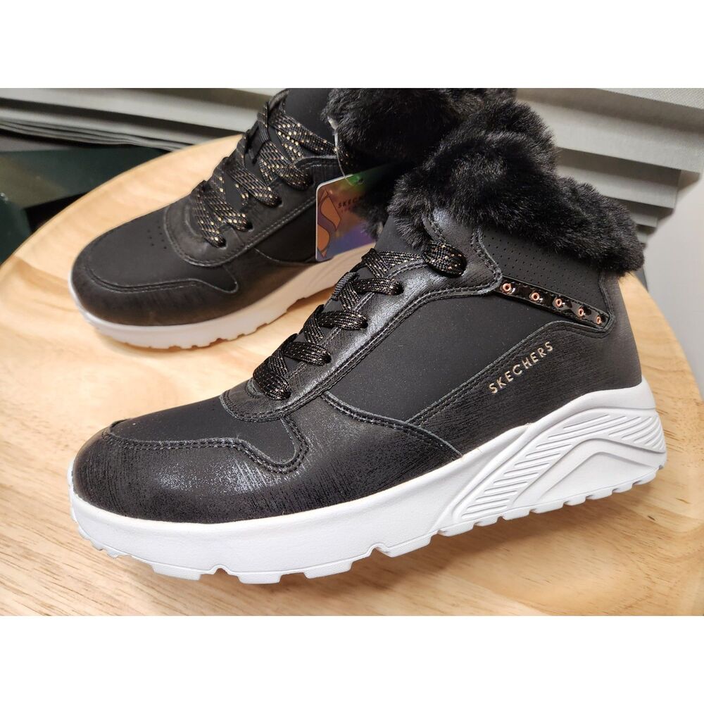 Skechers Uno Lite Bootie Youth 6 Black Side‑Zip Memory Foam